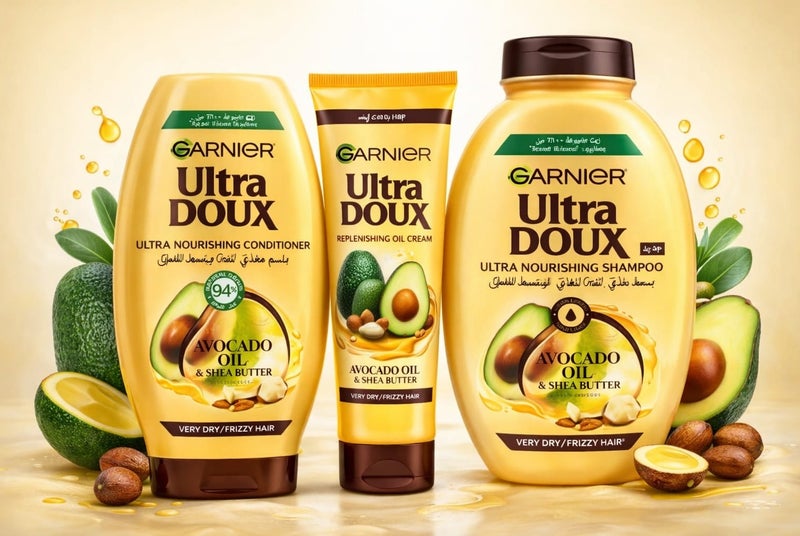 The Garnier Ultra Doux hair care range with avocado oil and shea butter, designed for very dry or frizzy hair, consists of shampoo, conditioner, and a nourishing oil replacement.
